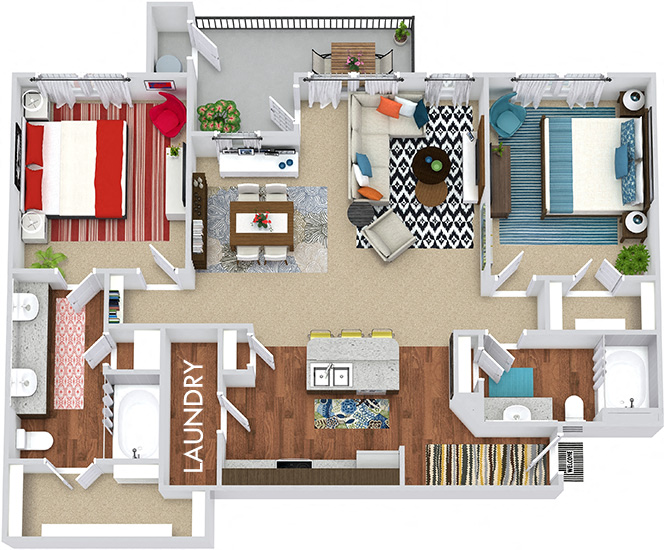 Floor plan for 2 beds, 2 baths, 1203 sqft